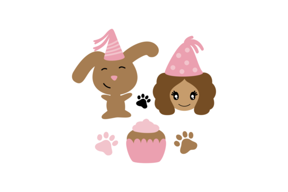 Birthday Cute Little Dog, Cupcake, and Little Girl